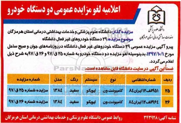 اعلامیه لغو مزایده، اعلامهی لغو مزایده 29 دستگاه خودروهای غیرفعال دانشگاه