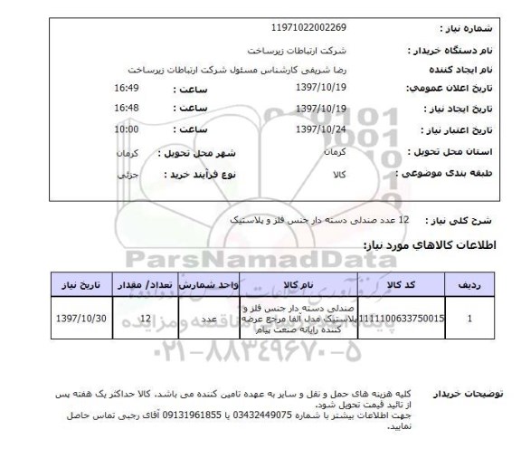 استعلام, 12 عدد صندلی دسته دار جنس فلز و پلاستیک 