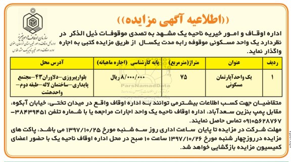 مزایده مزایده واگذاری یک واحد مسکونی 75 مترمربع