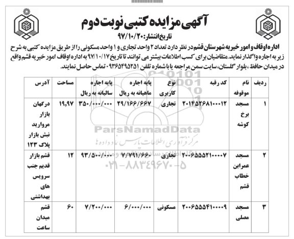 اگهی مزایده , مزایده کتبی اجاره تعداد 2 واحد تجاری و 1 واحد مسکونی - نوبت دوم