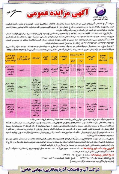 آگهی مزایده عمومی, مزایده فروش کالاهای اسقاطی و ناباب، خودروها و ماشین آلات کار کرده - نوبت دوم