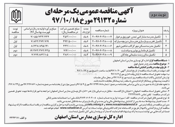 آگهی مناقصه عمومی , مناقصه تکمیل مدرسه مشارکتی نوبت دوم 