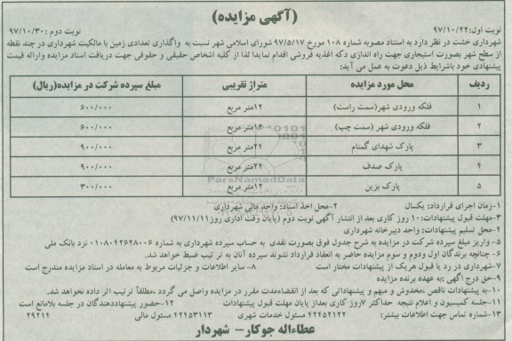 مزایده , مزایده واگذاری تعدادی زمین