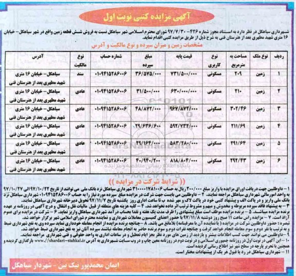 مزایده,مزایده فروش شش قطعه زمین