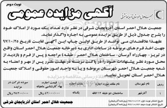 آگهی مزایده عمومی, مزایده اجاره تعداد 1 مورد از املاک - نوبت دوم