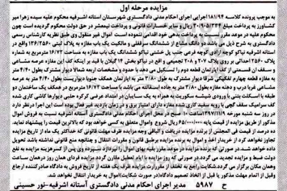 مزایده، مزایده دو دانگ مشاع از ششدانگ سرقفلی مرحله اول