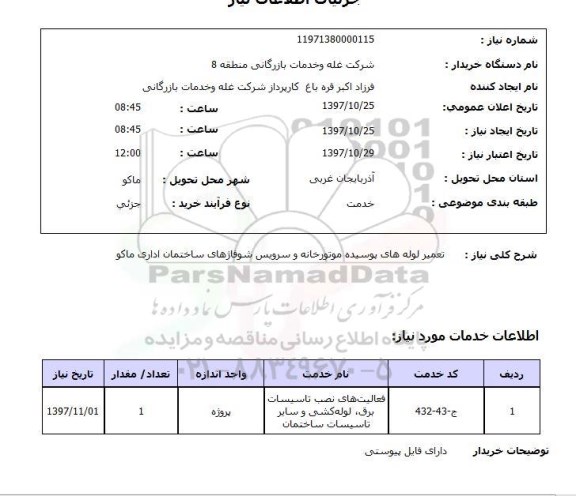 استعلام,استعلام تعمیر لوله های پوسیده موتورخانه و سرویس شوفاژهای ساختمان اداری ماکو
