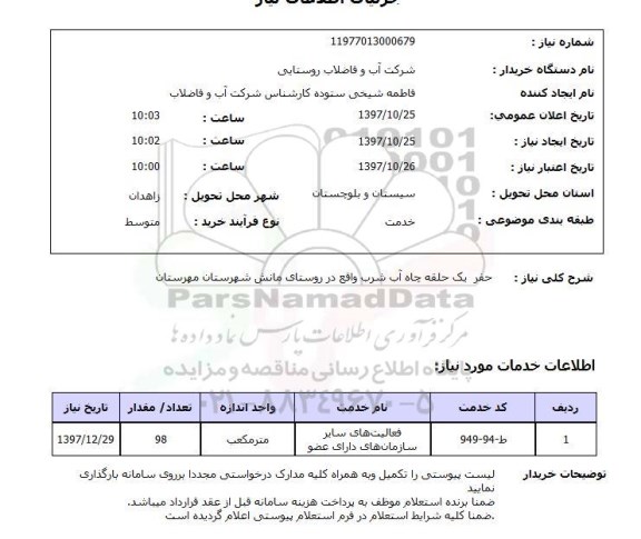 استعلام; استعلام حفر یک حلقه چاه آب شرب...