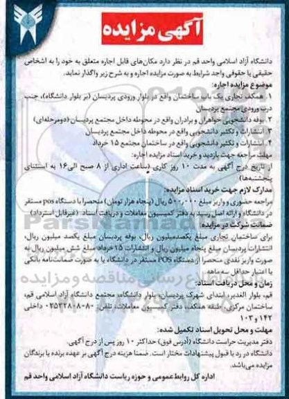 آگهی مزایده, مزایده واگذاری مکان های قابل اجاره 