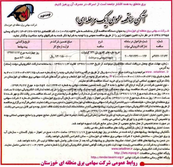 مناقصه , مناقصه خرید مقره های کامپوزیتی - نوبت دوم