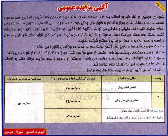 آگهی مزایده عمومی, مزایده اجاره استخر شنای روباز و استخر و قایق های پدالی - نوبت دوم