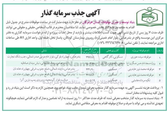 مناقصه,مناقصه جهت مشارکت در ساخت موقوفات