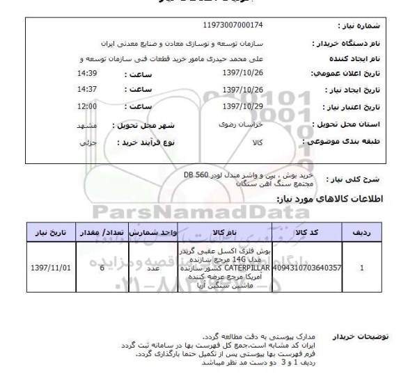 استعلام, استعلام خرید بوش، پین و واشر مندل لودر 