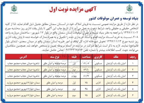  مزایده،مزایده فروش املاک کاربری مسکونی و اداری نوبت اول 