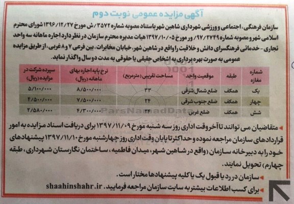 مزایده, مزایده اجاره ماهانه سه واحد تجاری - خدماتی - نوبت دوم