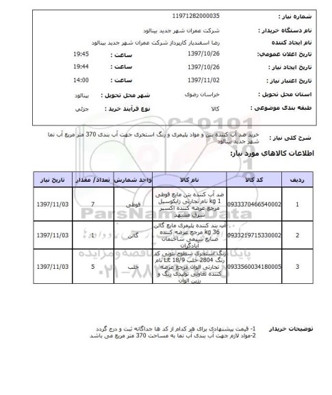 استعلام; استعلام خرید ضدآب کننده بتن و...