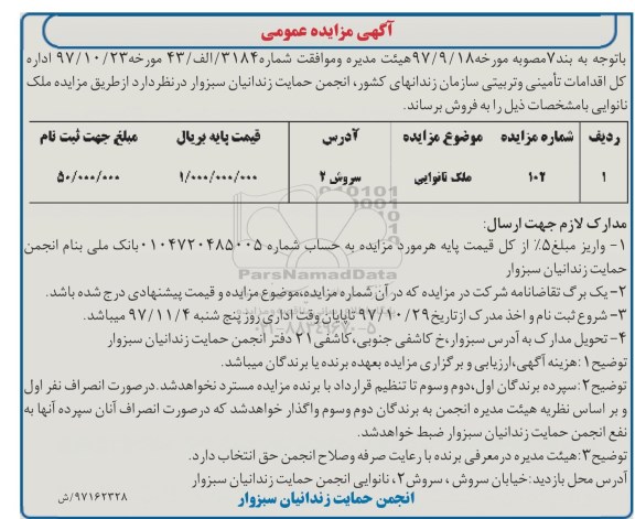 مزایده ،مزایده فروش ملک نانوانی