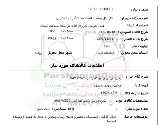 استعلام، استعلام پکیج دوربین ویدیو کنفرانس 