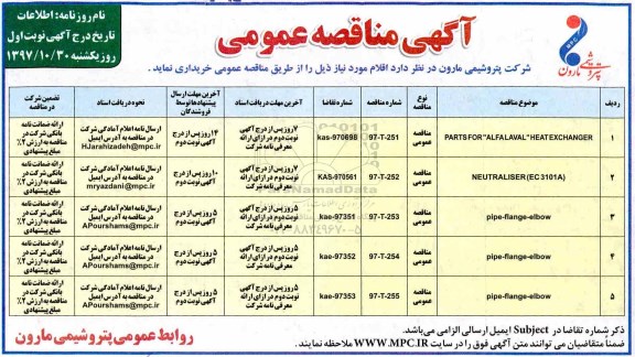 مناقصه , مناقصه PARTS FOR ALFALAVAL HEATEXCHANGER...