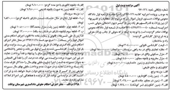 مزایده فروش مغازه تجاری - منزل مسکونی - زمین