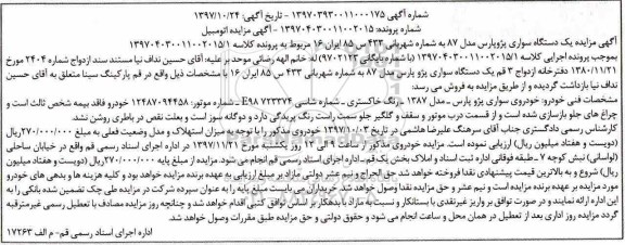 مزایده مزایده خودروی سواری پژو پارس رنگ خاکستری 