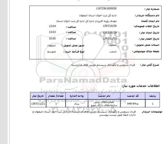 استعلام, قرارداد سرویس و نگهداری سیستم دوربین های مداربسته 