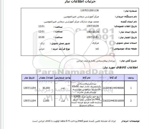 استعلام,استعلام زیرانداز بیمارستانی بالدار و ژیلت ایرانی