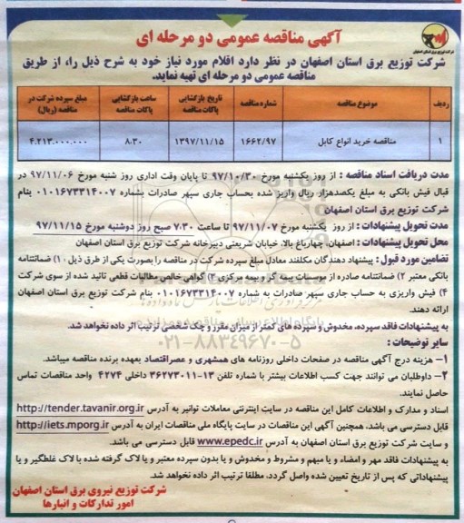مناقصه ,مناقصه خرید انواع کابل 