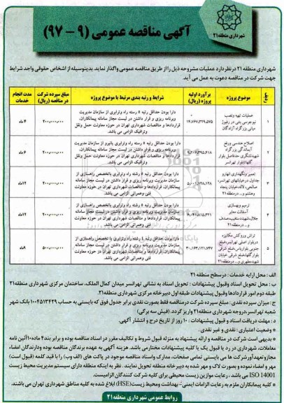 آگهی مناقصه عمومی, مناقصه عملیات تهیه و نصب نیوجرسی بتنی 
