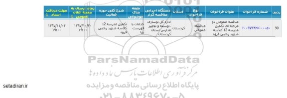 مناقصه, مناقصه تکمیل مدرسه 12 کلاسه