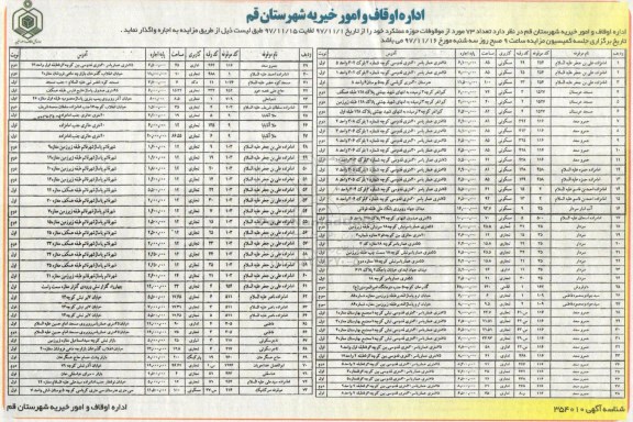 آگهی مزایده , مزایده اجاره تعداد 73 مورد از موقوفات