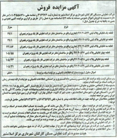 مزایده،  مزایده فروش 5 قطعه تفکیکی پلاک ثبتی و اموال منقول 