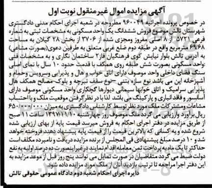 مزایده,مزایده ششدانگ واحد مسکونی 69.58 مترمربع نوبت اول