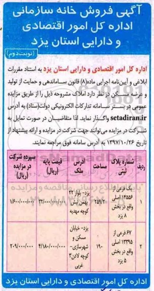  مزایده ،مزایده فروش خانه سازمانی مساحت 259.2 و 190  نوبت دوم 