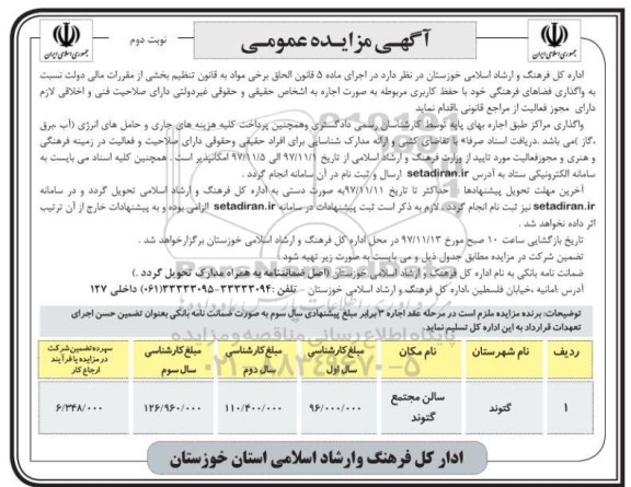 آگهی مزایده عمومی, مزایده واگذاری فضاهای فرهنگی  با حفظ کاربری مربوطه - نوبت دوم 