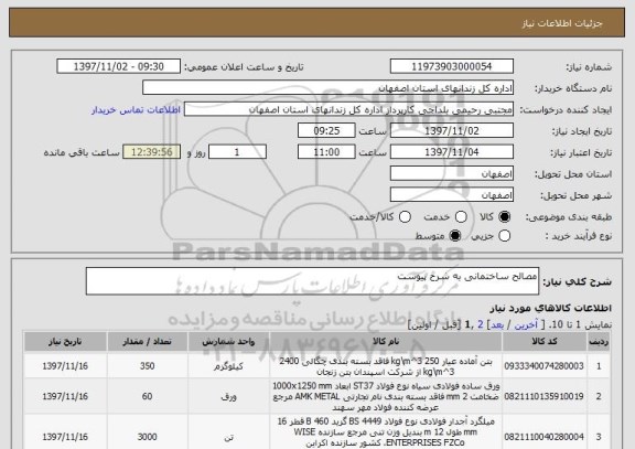 استعلام مصالح ساختمانی به شرح پیوست