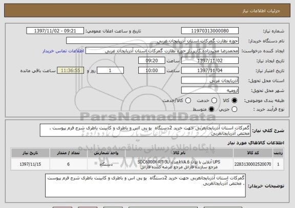 استعلام گمرکات استان آذربایجانغربی جهت خرید 2دستگاه  یو پی اس و باطری و کابینت باطری شرح فرم پیوست . مختص آذربایجانغربی