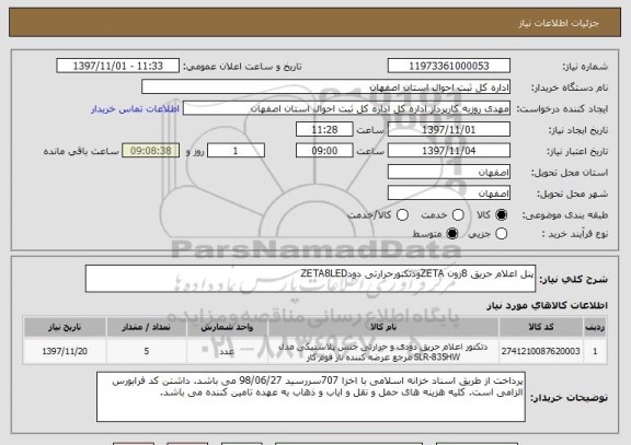 استعلام پنل اعلام حریق 8زون ZETAودتکتورحرارتی دودZETA8LED