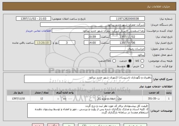 استعلام راهبری و نگهداری تاسیسات شهری شهر جدید بینالود
