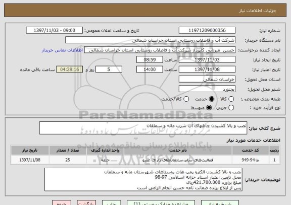 استعلام نصب و بالا کشیدن چاههای آب شرب مانه و سملقان 