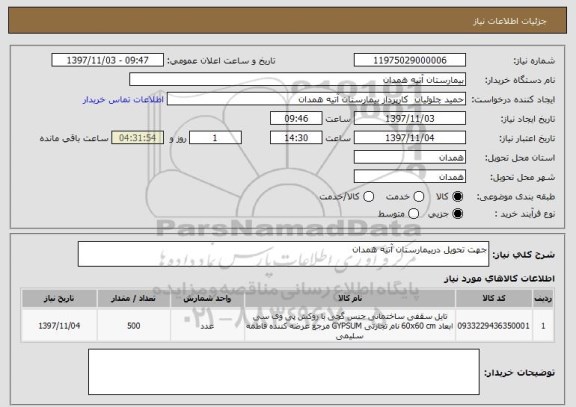 استعلام جهت تحویل دربیمارستان آتیه همدان