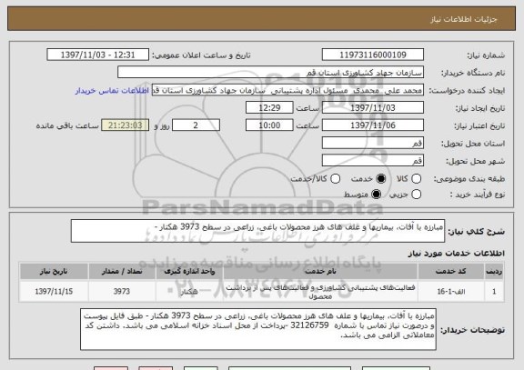 استعلام مبارزه با آفات، بیماریها و علف های هرز محصولات باغی، زراعی در سطح 3973 هکتار -