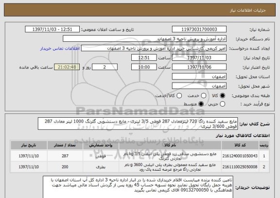 استعلام مایع سفید کننده راگا 720 لیترمعادل 287 قوطی 3/5 لیتری - مایع دستشویی گلرنگ 1000 لیتر معادل 287 قوطی 3/600 لیتری 