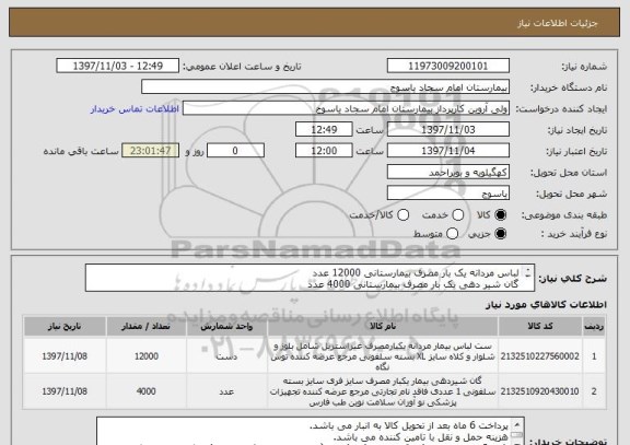 استعلام لباس مردانه یک بار مصرف بیمارستانی 12000 عدد
گان شیر دهی یک بار مصرف بیمارستانی 4000 عدد 
کد مشابه است
