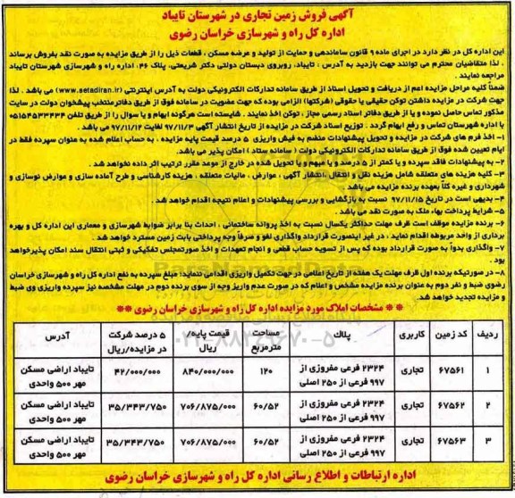 مزایده ،مزایده فروش زمین تجاری