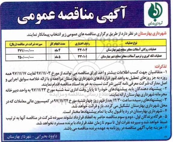 مناقصه عمومی, مناقصه عملیات روکش آسفالت معابر سطح شهر...