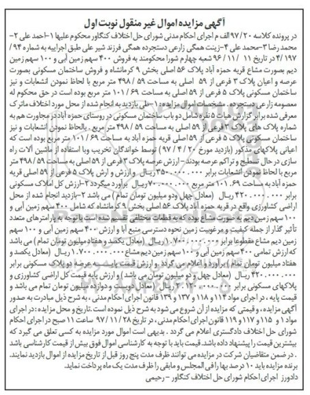 مزایده ،مزایده فروش 400 سهم زمین آبی نوبت اول