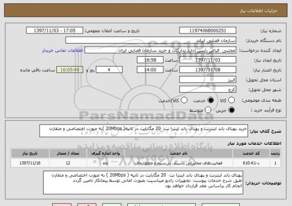 استعلام خرید پهنای باند اینترنت و پهنای باند اینترا نت  20 مگابایت در ثانیه( 20Mbps )به صورت اختصاصی و متقارن 
