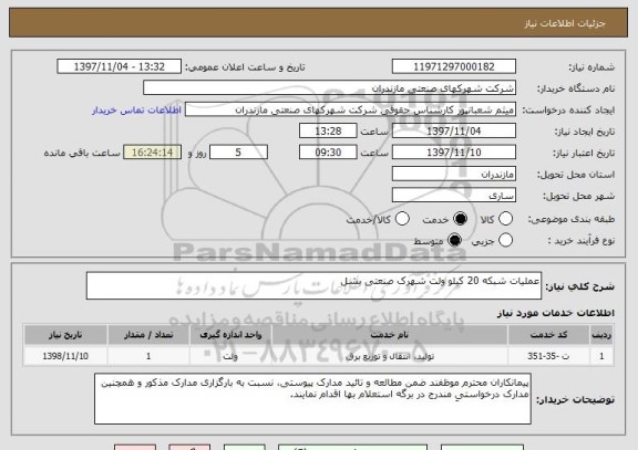استعلام عملیات شبکه 20 کیلو ولت شهرک صنعتی بشل