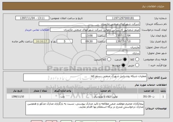 استعلام عملیات شبکه روشنایی شهرک صنعتی رستم کلا